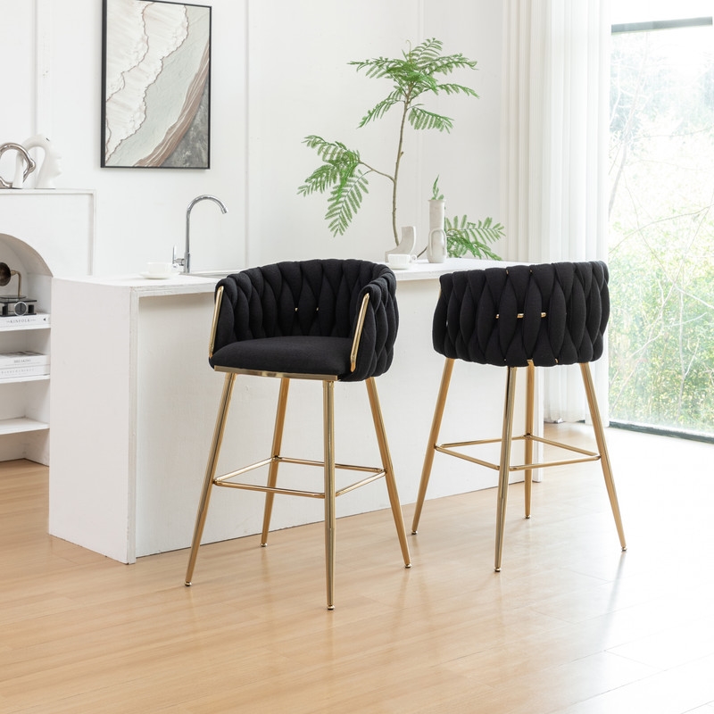 Best Quality Furniture Braided Barstools in Black Teddy Boucle Fabric