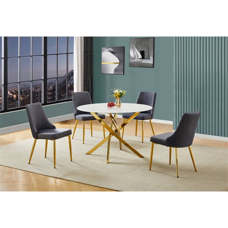 Best Quality Furniture Faux White Marble Glass Dining Table with Velvet Chairs