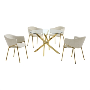 Best Quality Furniture Circle Clear Tempered Glass Dining Set with Linen Chairs