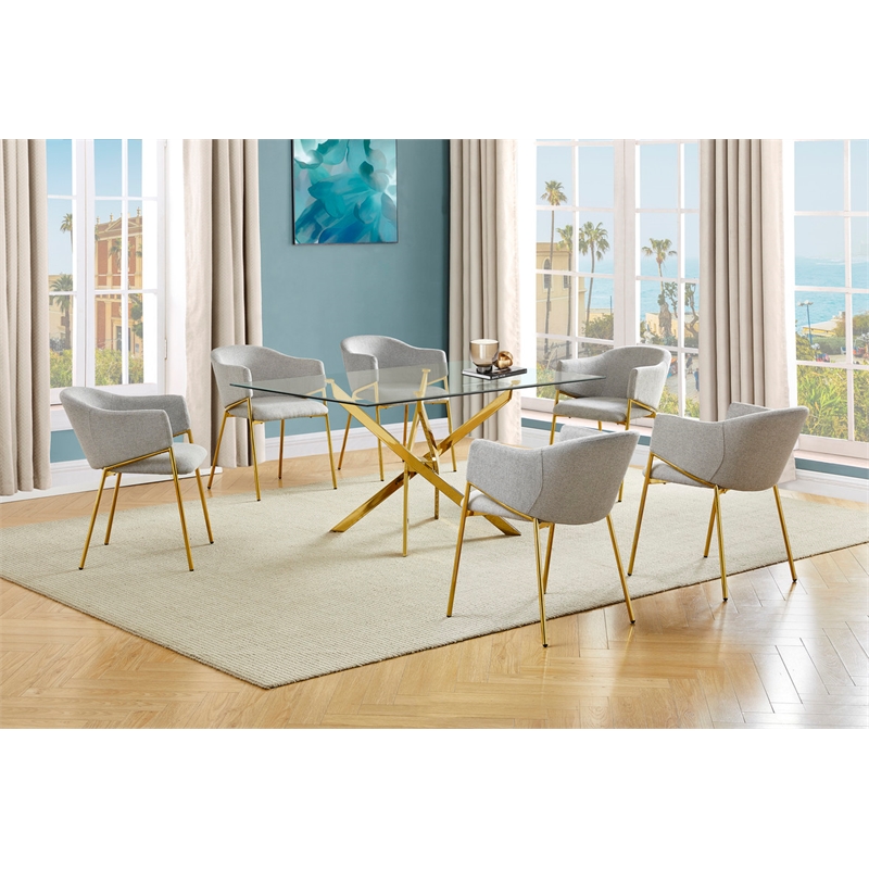 Best Quality Furniture Rectangular Clear Glass Dining Set with Linen Chairs