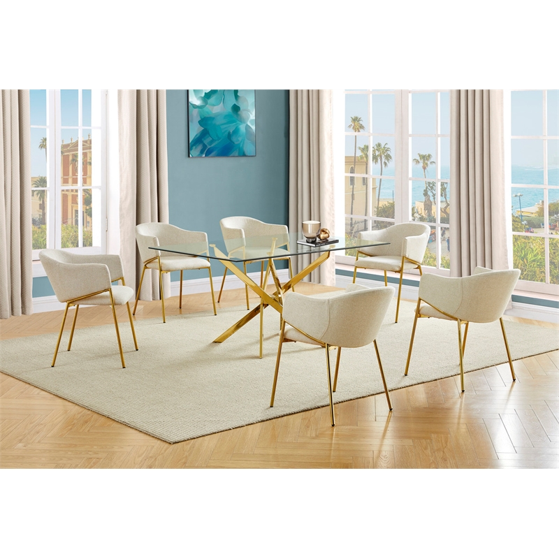 Best Quality Furniture Rectangular Clear Glass Dining Set with Linen Chairs