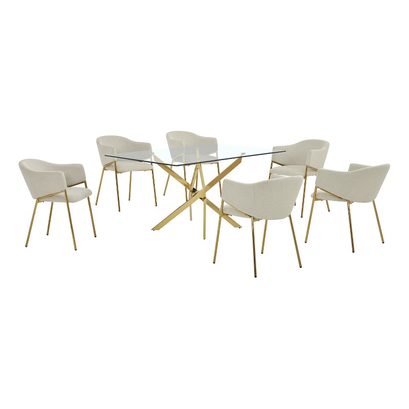 Best Quality Furniture Rectangular Clear Glass Dining Set with Linen Chairs