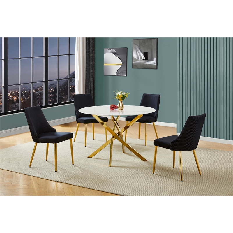 Best Quality Furniture Faux White Marble Glass Dining Table with Velvet Chairs