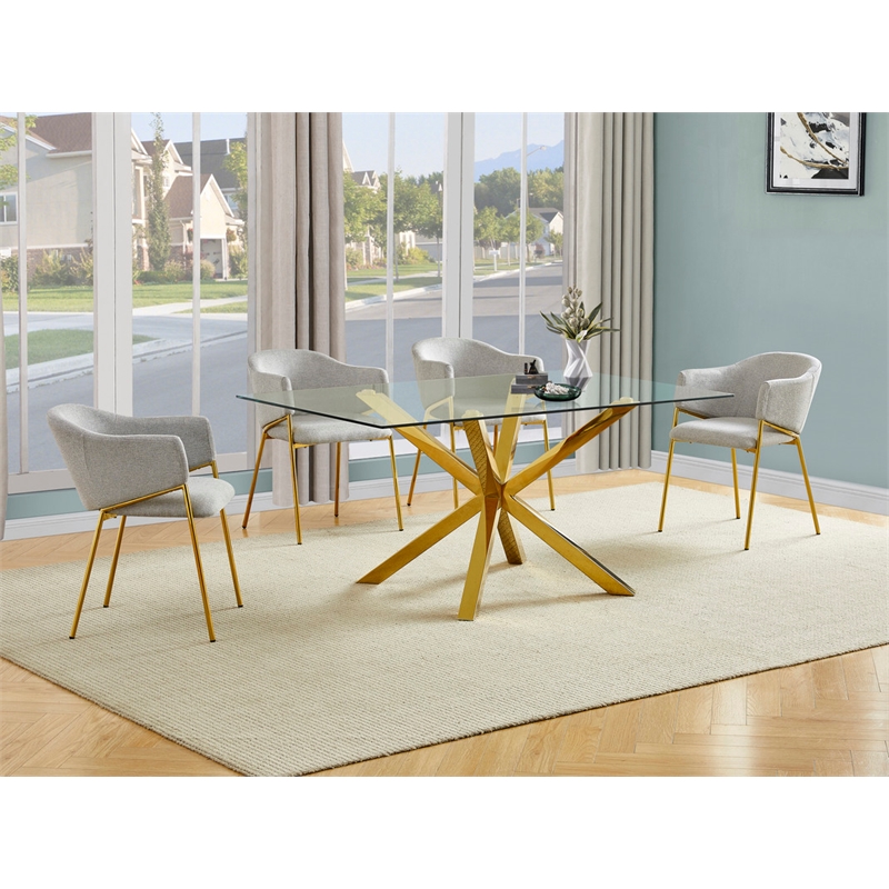 Best Quality Furniture Rectangular Clear Glass Dining Set with Linen Chairs