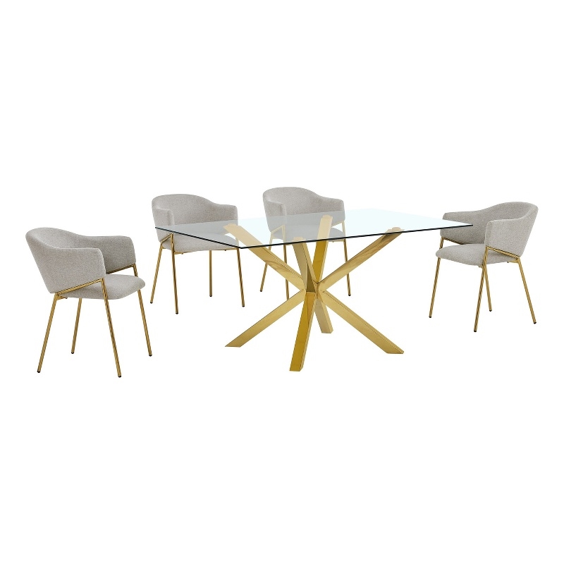 Best Quality Furniture Rectangular Clear Glass Dining Set with Linen Chairs