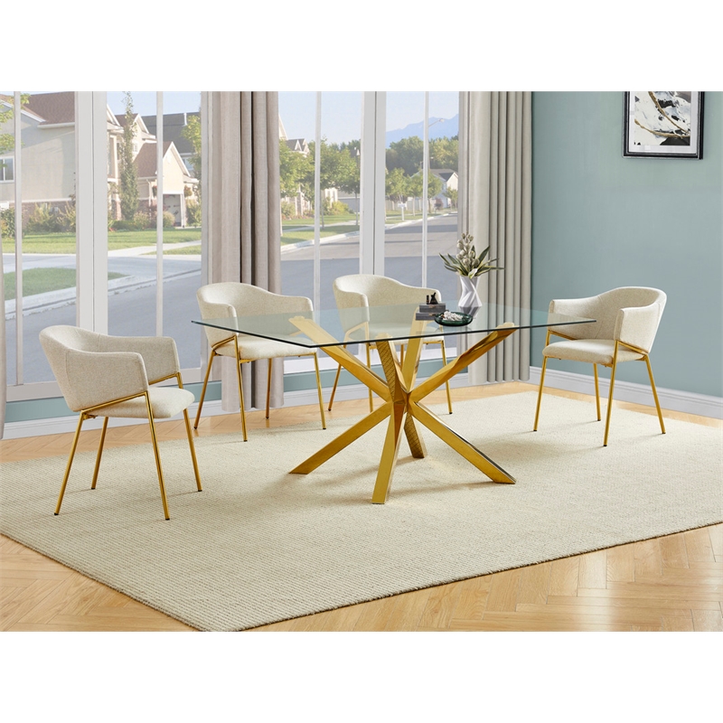 Best Quality Furniture Rectangular Clear Glass Dining Set with Linen Chairs