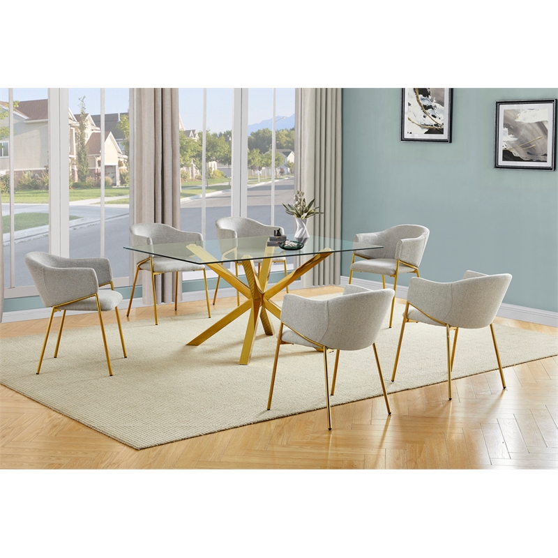 Best Quality Furniture Rectangular Clear Glass Dining Set with Linen Chairs