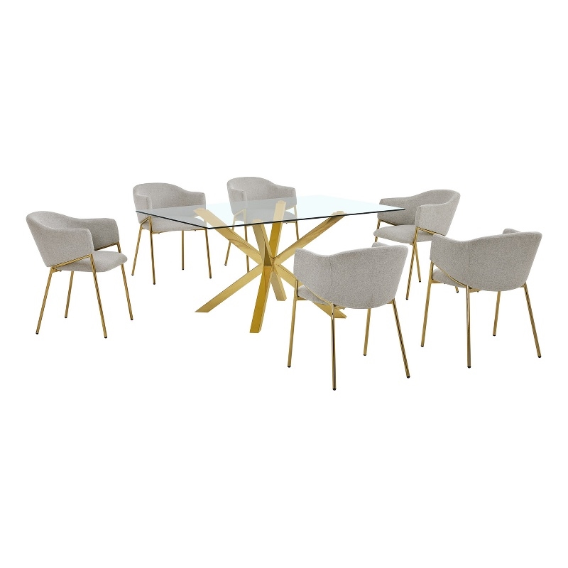 Best Quality Furniture Rectangular Clear Glass Dining Set with Linen Chairs