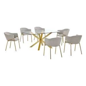 Best Quality Furniture Rectangular Clear Glass Dining Set with Linen Chairs