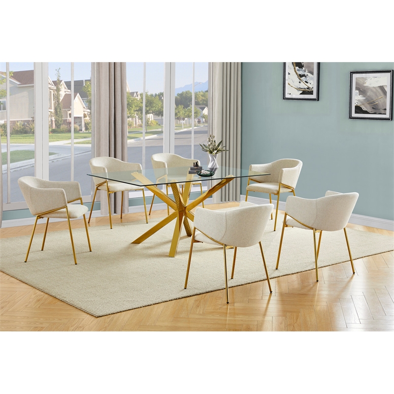 Best Quality Furniture Rectangular Clear Glass Dining Set with Linen Chairs