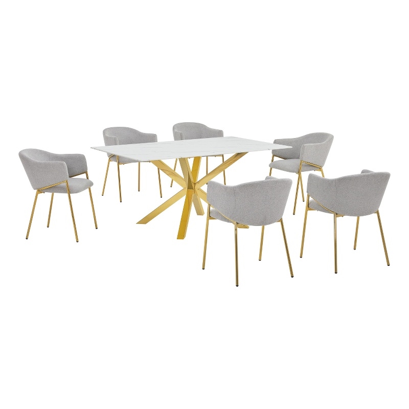 Best Quality Furniture Rectangular White Faux Marble Glass Dining Set