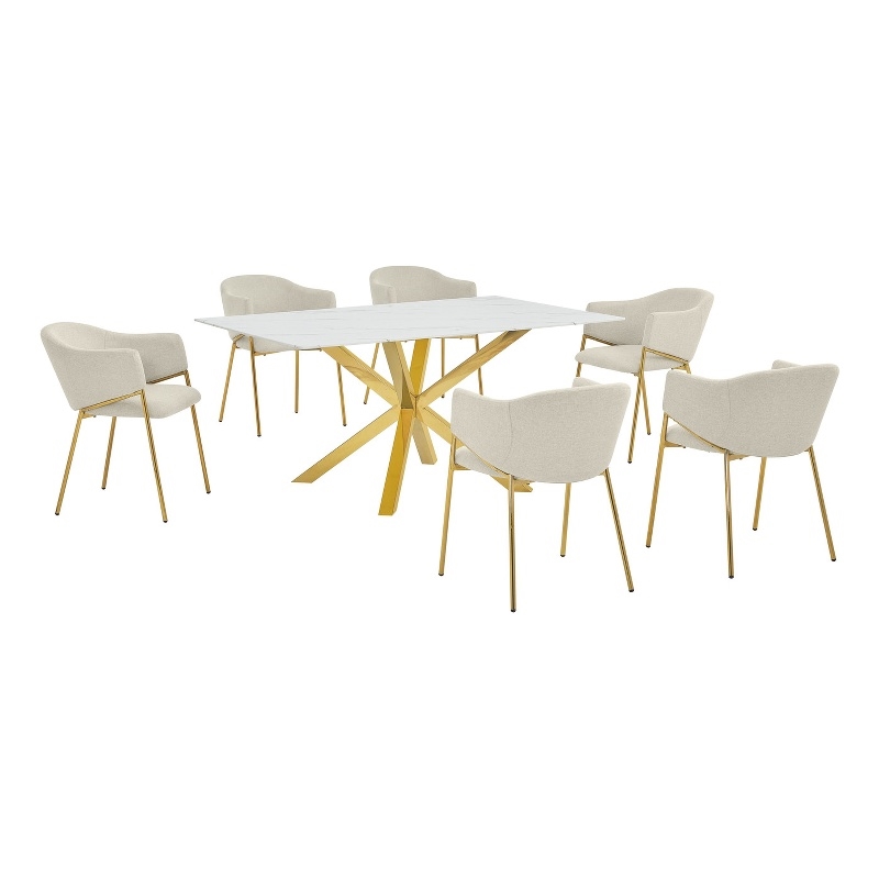 Best Quality Furniture Rectangular White Faux Marble Glass Dining Set