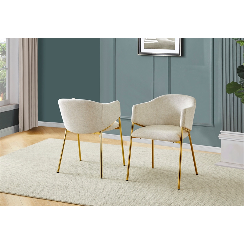 Best Quality Furniture Beige Linen Fabric Side Chairs with Gold Chrome Base