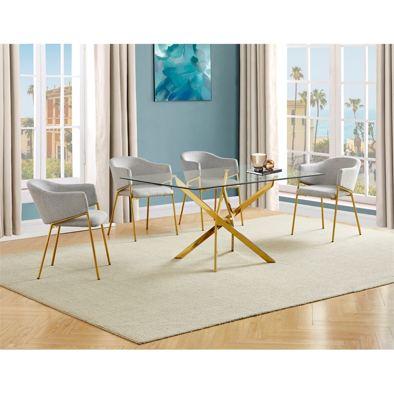 Best Quality Furniture Rectangular Clear Glass Dining Set with Linen Chairs