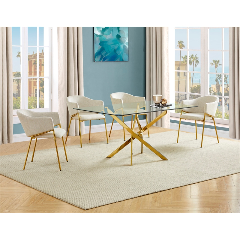 Best Quality Furniture Rectangular Clear Glass Dining Set with Linen Chairs