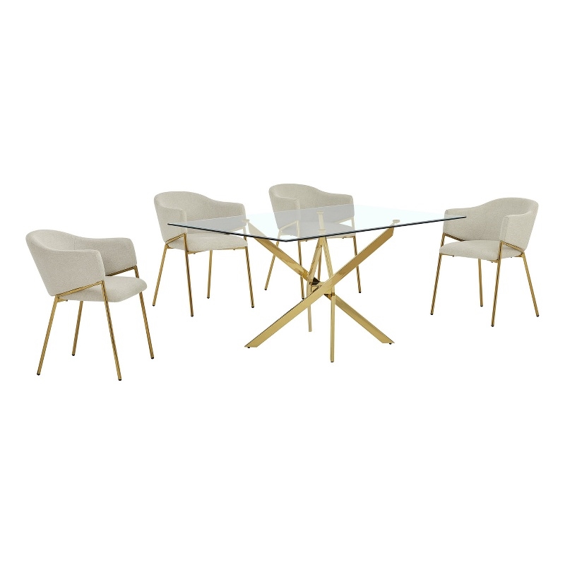 Best Quality Furniture Rectangular Clear Glass Dining Set with Linen Chairs