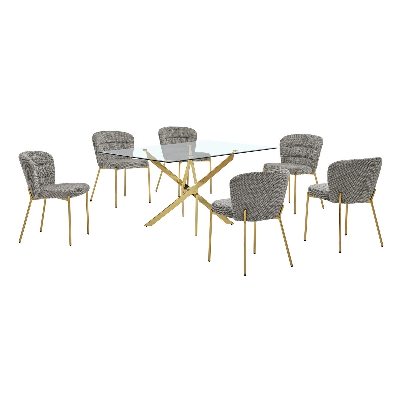 Best Quality Furniture Rectangular Clear Glass Dining Set with Fluffy Chairs