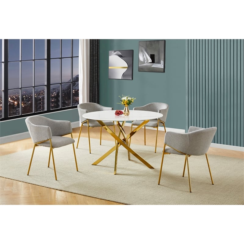 Best Quality Furniture Circle White Faux Marble Glass Dining Set w Linen Chairs