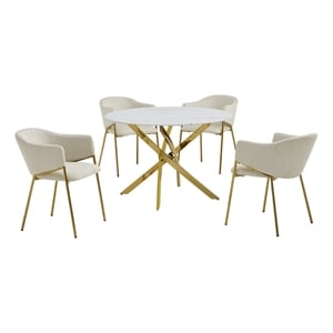 Best Quality Furniture Circle White Faux Marble Glass Dining Set w Linen Chairs