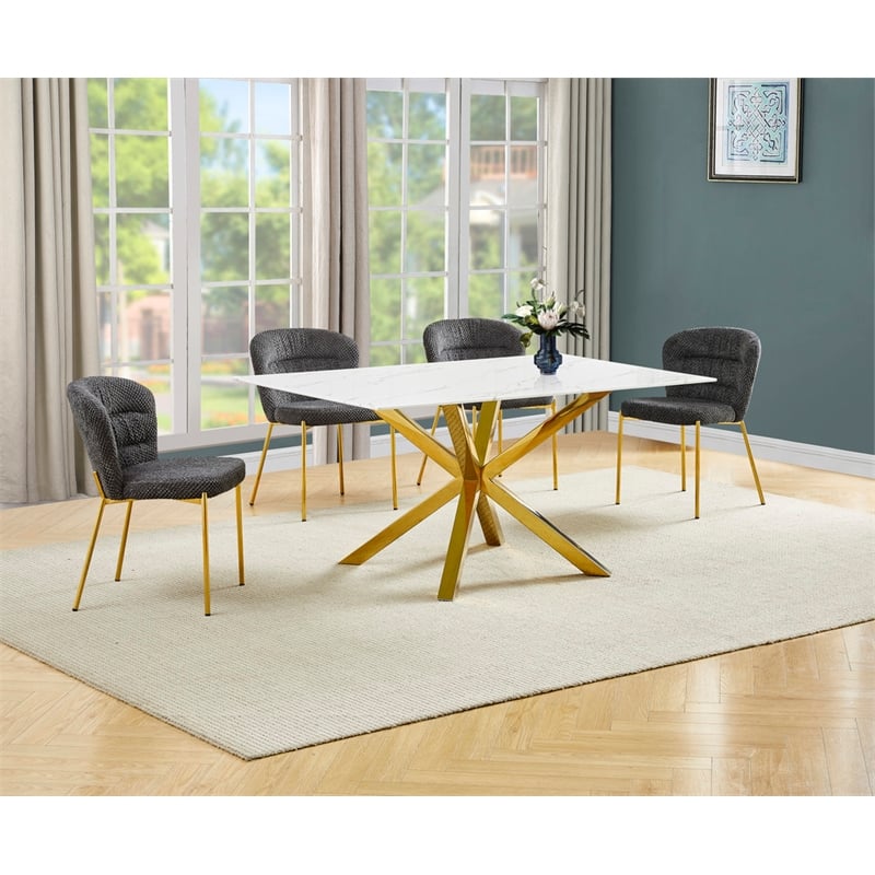 Best Quality Furniture Rectangular White Faux Marble Glass Dining Set