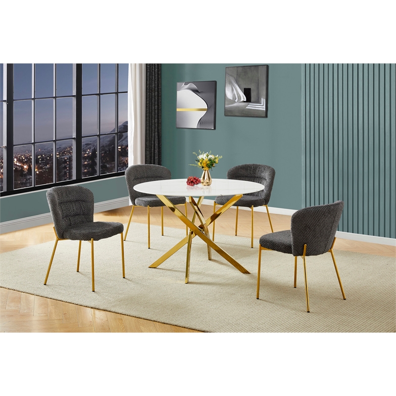 Best Quality Furniture Circle White Faux Marble Glass Dining Set w Fluffy Chairs