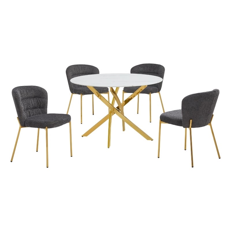 Best Quality Furniture Circle White Faux Marble Glass Dining Set w Fluffy Chairs