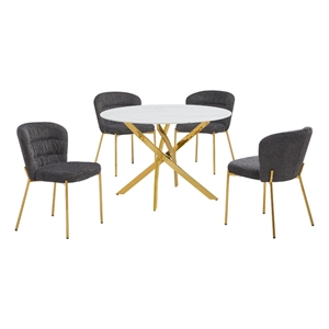 Best Quality Furniture Circle White Faux Marble Glass Dining Set w Fluffy Chairs