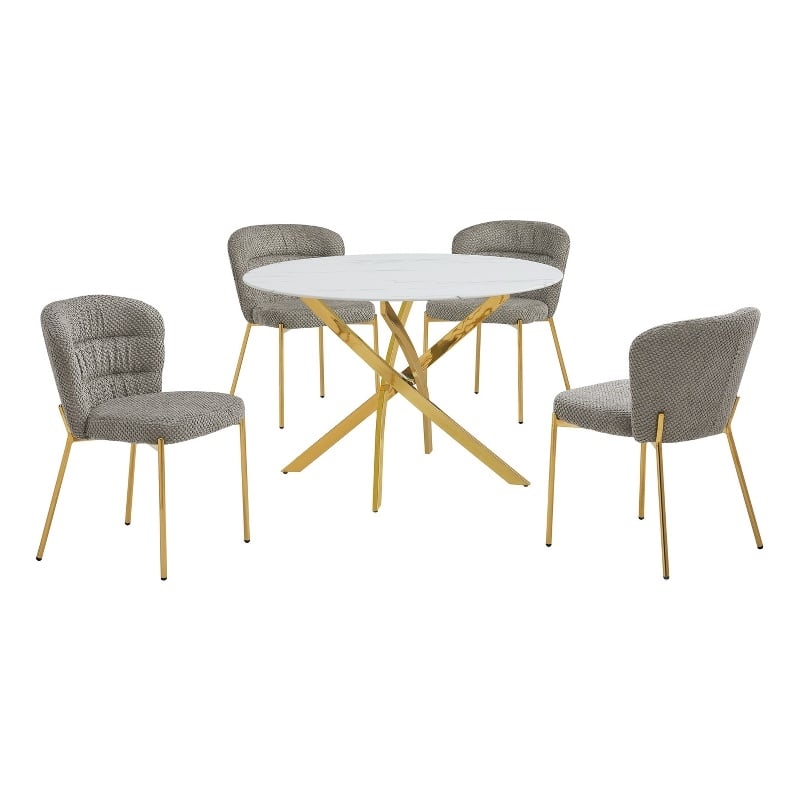 Best Quality Furniture Circle White Faux Marble Glass Dining Set w Fluffy Chairs