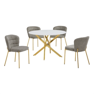 Best Quality Furniture Circle White Faux Marble Glass Dining Set w Fluffy Chairs