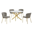 Best Quality Furniture Circle White Faux Marble Glass Dining Set w Fluffy Chairs