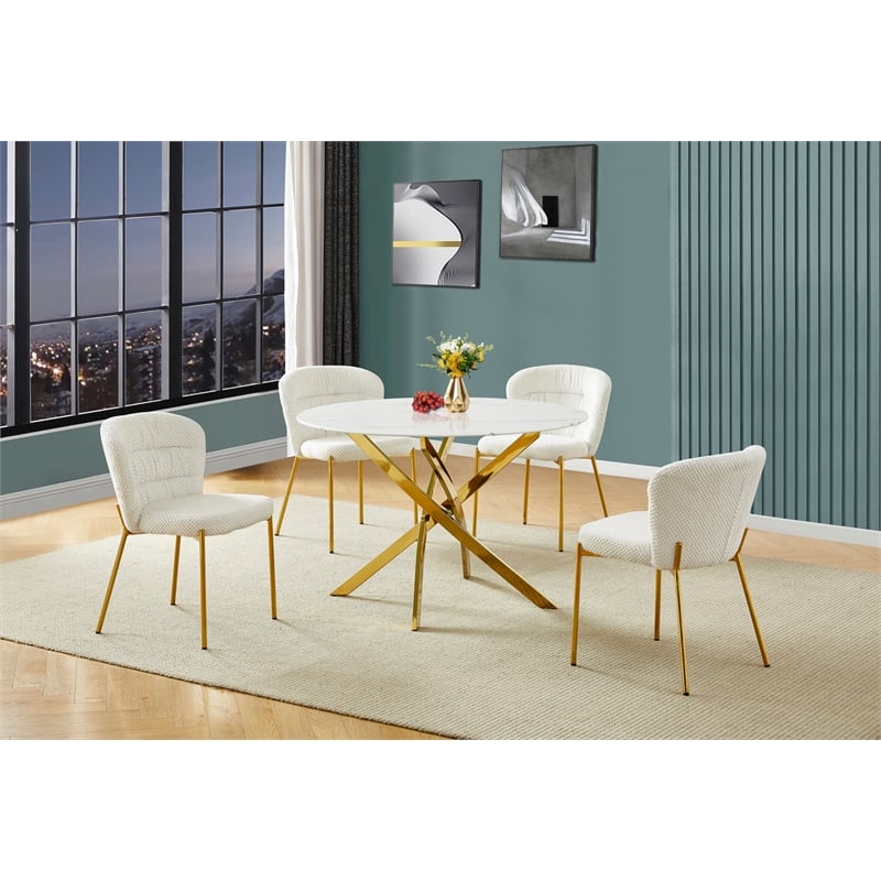 Best Quality Furniture Circle White Faux Marble Glass Dining Set w Fluffy Chairs