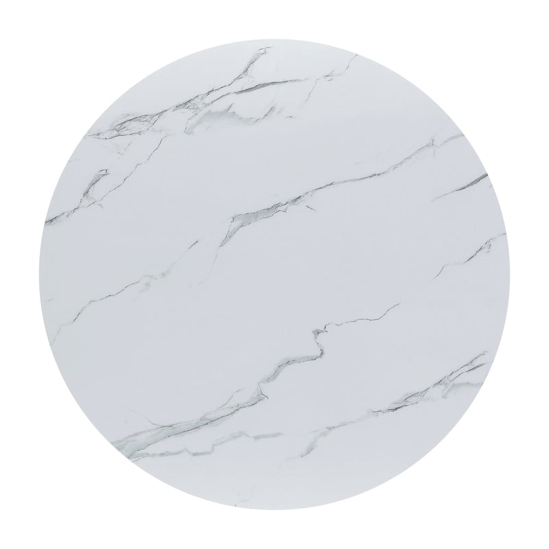 Best Quality Furniture Circle White Faux Marble Glass Dining Set w Fluffy Chairs
