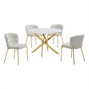 Best Quality Furniture Circle White Faux Marble Glass Dining Set w Fluffy Chairs
