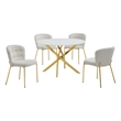 Best Quality Furniture Circle White Faux Marble Glass Dining Set w Fluffy Chairs
