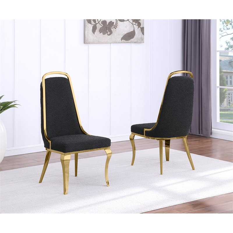 Best Quality Furniture Black Boucle Fabric Side Chairs w Gold Chrome Frame