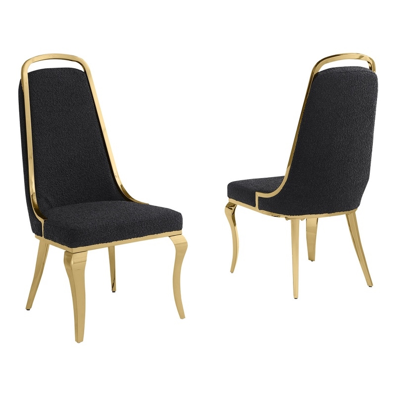 Best Quality Furniture Black Boucle Fabric Side Chairs w Gold Chrome Frame