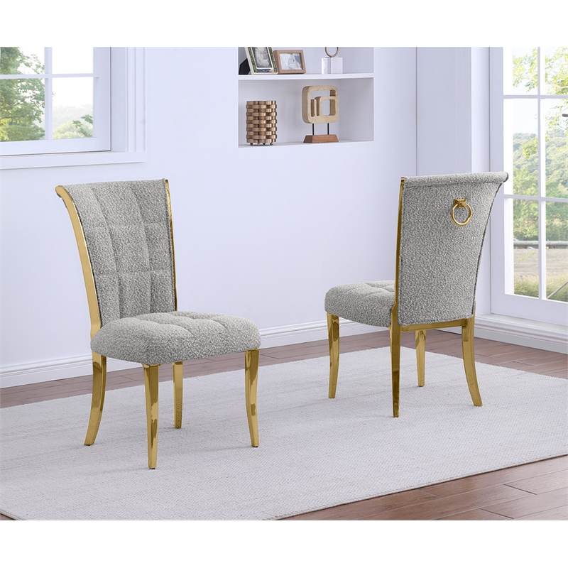 Best Quality Furniture Rich Gray Boucle Fabric Side Chairs w Gold Chrome Frame
