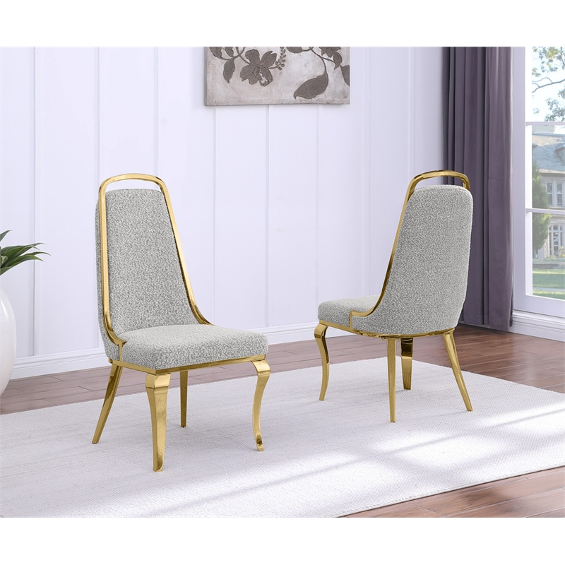Best Quality Furniture Rich Gray Boucle Fabric Side Chairs w Gold Chrome Frame