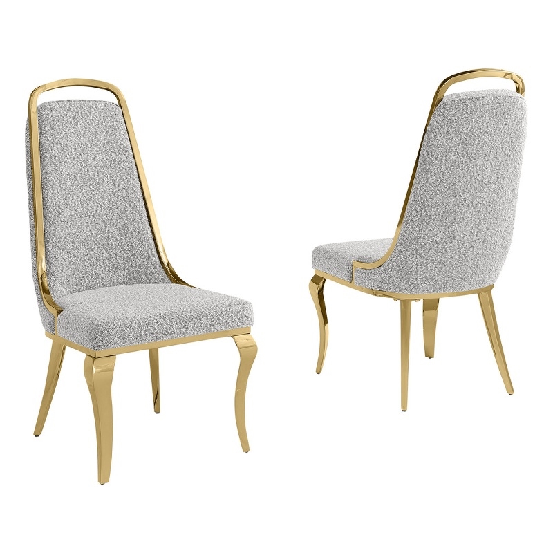 Best Quality Furniture Rich Gray Boucle Fabric Side Chairs w Gold Chrome Frame