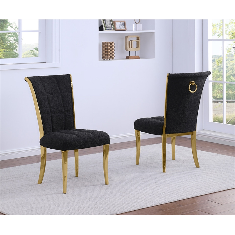 Best Quality Furniture Black Boucle Fabric Side Chairs w Gold Chrome Frame