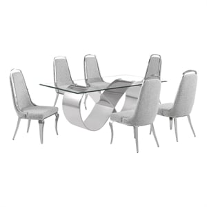Best Quality Furniture 78&quot x 42&quot Clear Glass Dining Set w Boucle Fabric Chairs
