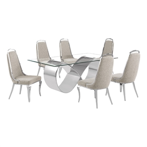 Best Quality Furniture 78&quot x 42&quot Clear Glass Dining Set w Boucle Fabric Chairs