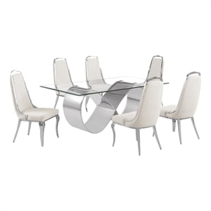Best Quality Furniture 78&quot x 42&quot Clear Glass Dining Set w Boucle Fabric Chairs
