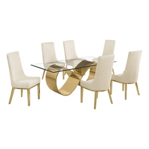 Best Quality Furniture 78&quot x 42&quot Clear Glass Dining Set w Boucle Fabric Chairs