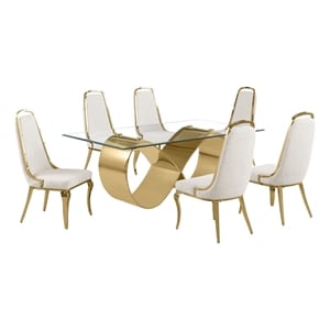 Best Quality Furniture 78&quot x 42&quot Clear Glass Dining Set w Boucle Fabric Chairs