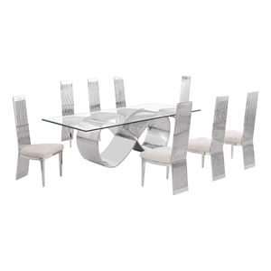Best Quality Furniture 94&quot x 46&quot Clear Glass Dining Set w Boucle Fabric Chairs