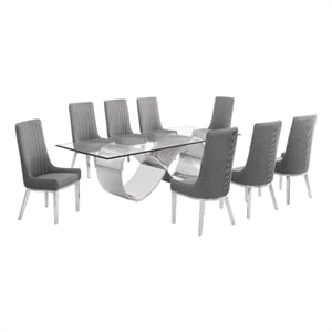 Best Quality Furniture 94&quot x 46&quot Clear Glass Dining Set w Boucle Fabric Chairs