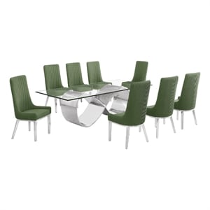 Best Quality Furniture 94&quot x 46&quot Clear Glass Dining Set w Boucle Fabric Chairs