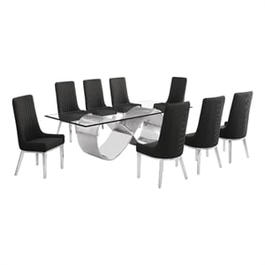 Best Quality Furniture 94&quot x 46&quot Clear Glass Dining Set w Boucle Fabric Chairs
