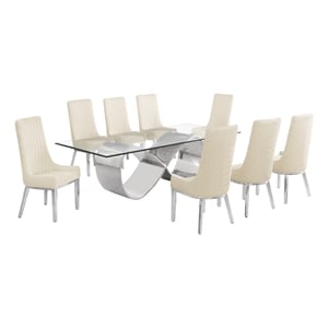 Best Quality Furniture 94&quot x 46&quot Clear Glass Dining Set w Boucle Fabric Chairs